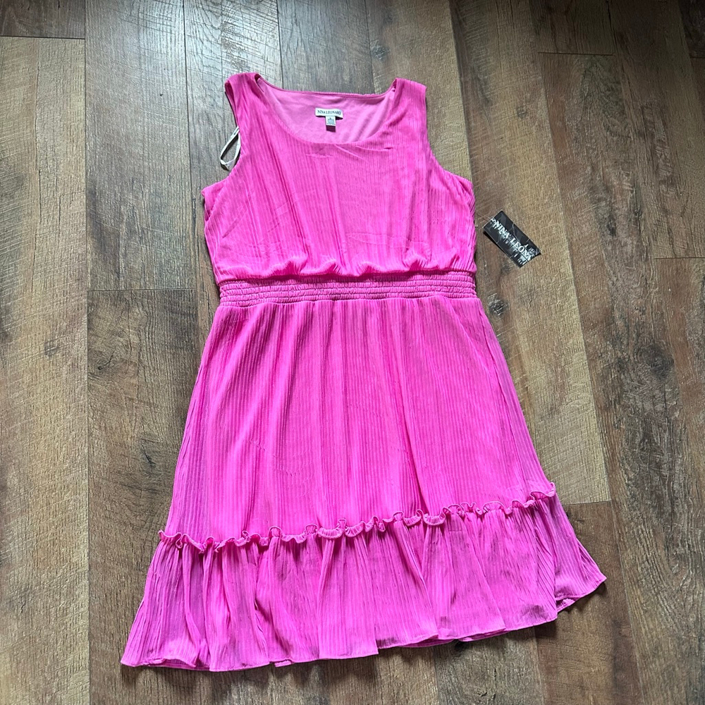 Women's NINA LEONARD Pink Pleated Ruffle Mini Dress L